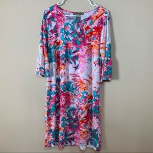 Alexandra + Oak Jersey Dress, Multicolor Floral, Bell Sleeves, Large, EUC